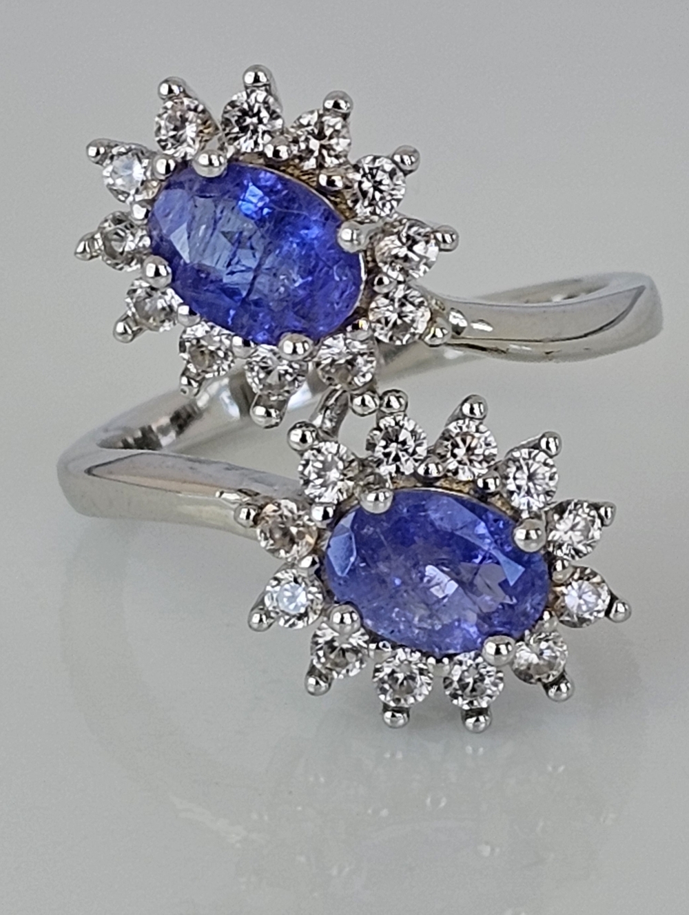Genuine Tanzanite & Ziron Bypass Ring Halo Design Size 7